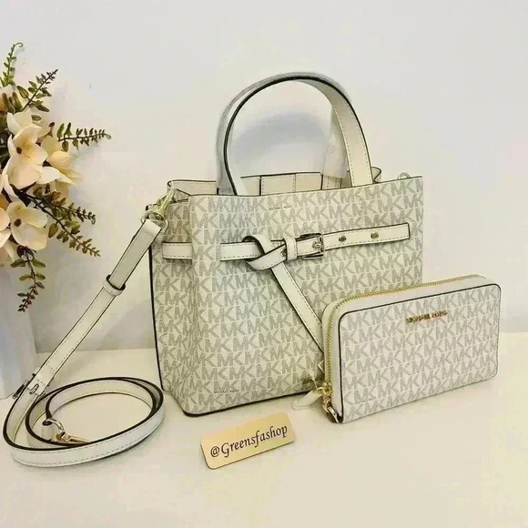 Michael Kors Purse & Wallet Emilia Small Satchel Light Cream MK Signature - Picture 1 of 12